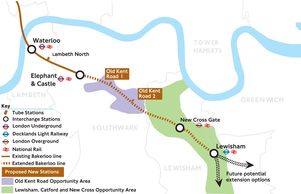TfL's tweet photo. We are proposing to extend the Bakerloo line beyond Elephant &amp; Castle to Lewisham, Old Kent Road, New Cross Gate ✏️ https://t.co/hNcgpWOkNY https://t.co/IXMxKpxfOK