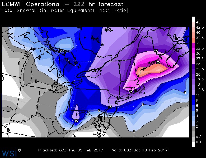KeithCarson's tweet photo. In the biggest "weenie" run in model history, the overnight EURO gives parts of Maine 40" of snow in the next 7 days. https://t.co/40XEUq7YND