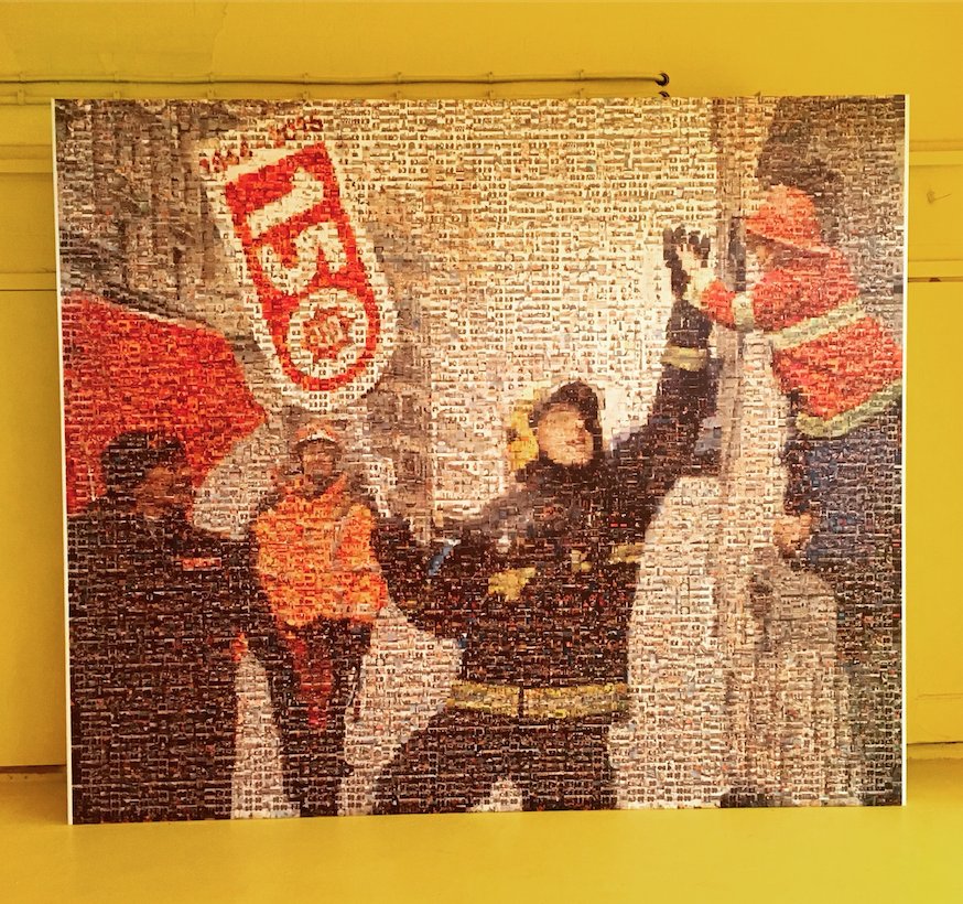 TheWorkshopLDN's tweet photo. Now on display in reception. This fab mosaic made up of hundreds of images of @LondonFire Brigade to celebrate #LFB150 year anniversary! 🎉🍰 https://t.co/Y4Pd2A781F