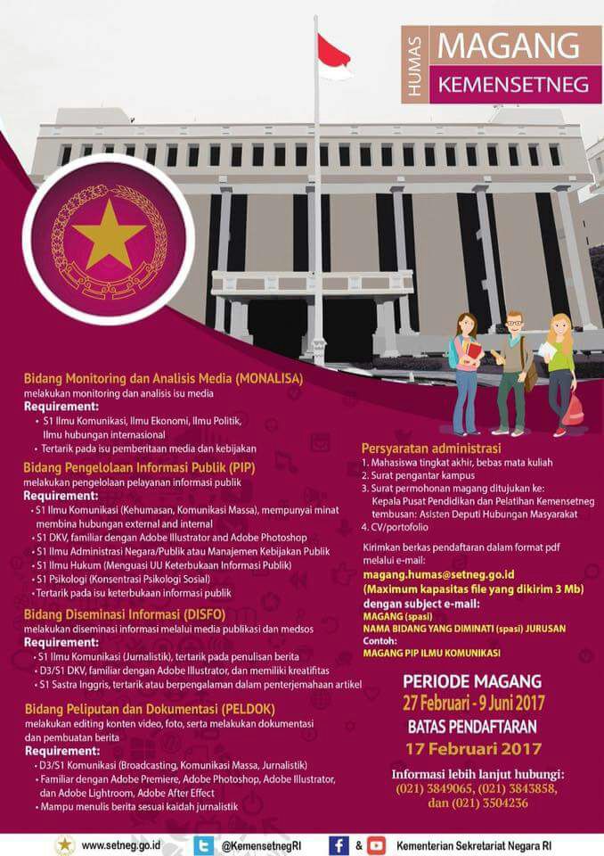 Info magang di Humas Kemensetneg CC <a href="/UMYogya/">UMY</a> <a href="/Komakomumy/">KOMAKOM UMY</a> @BEMFisipolUMY @anakUMY <a href="/cikoumy/">Cinema Komunikasi UMY</a> <a href="/FOTKA_053/">Fotografi Syari'ah</a> <a href="/IkomRadio/">IKOM RADIO UMY</a> <a href="/lppmnuansa/">LPPM Nuansa UMY</a> dkk