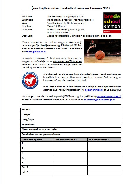 Kinderen uit de groepen 6 t/m 8 kunnen zich nog tot 15 feb opgeven voor het Basketbaltoernooi op 23 feb, i.s.m. <a href="/ebvmustangs/">EBV Mustangs</a> #SportiefEmmen
