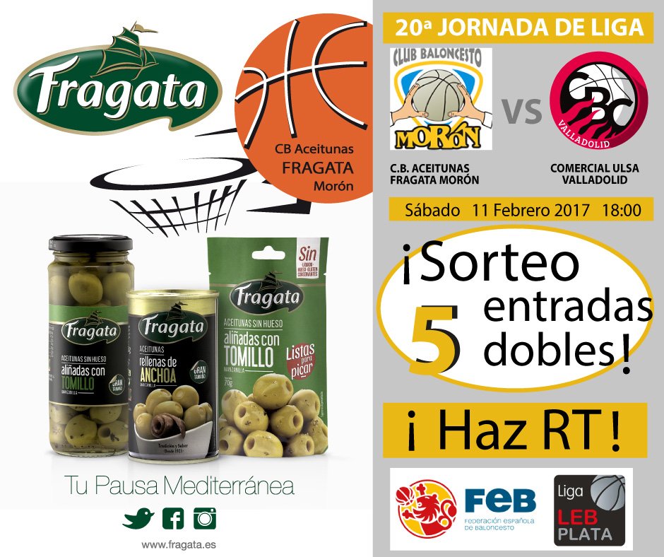 FragataES's tweet photo. ¿Quieres animar este sábado al #CBAceitunasFragata @cbmoron? Participa, ¡haz RT! https://t.co/xjHSZYyeUQ #FragataconelDeporte #LEBPlata https://t.co/RnzjCPnGV5