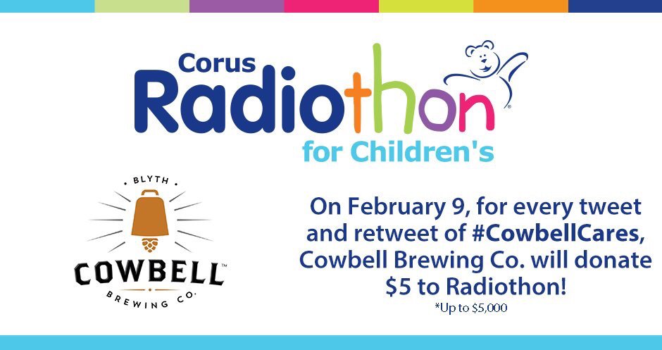 CowbellBrewing's tweet photo. Today we're donating $5 for every #tweet using #CowbellCares We're proud to be social media sponsors of the #CorusRadiothon #ldnont https://t.co/k2Zw2epmN8