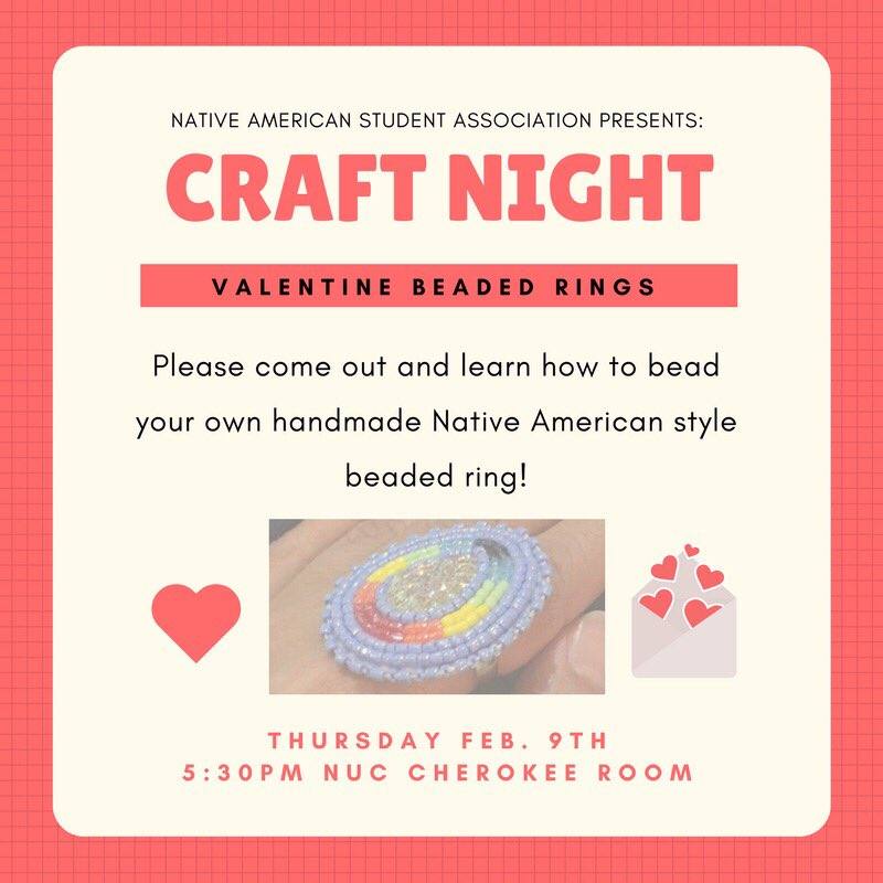 Our first #craftnight of the spring semester is happening TONIGHT at 5:30pm in NUC Cherokee Room. We'll be making beaded rings!