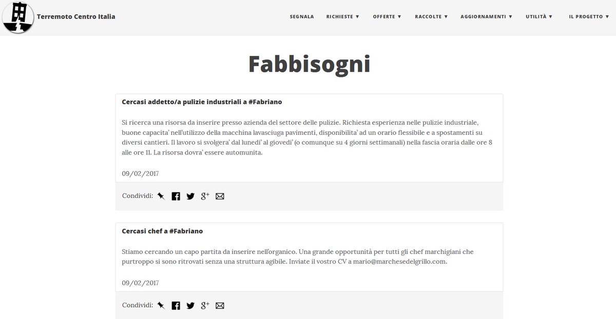 Arrivano le prime richieste e offerte di lavoro dalle zone colpite dal #terremoto. Dateci un'occhiata e diffondete! terremotocentroitalia.info/fabbisogni/