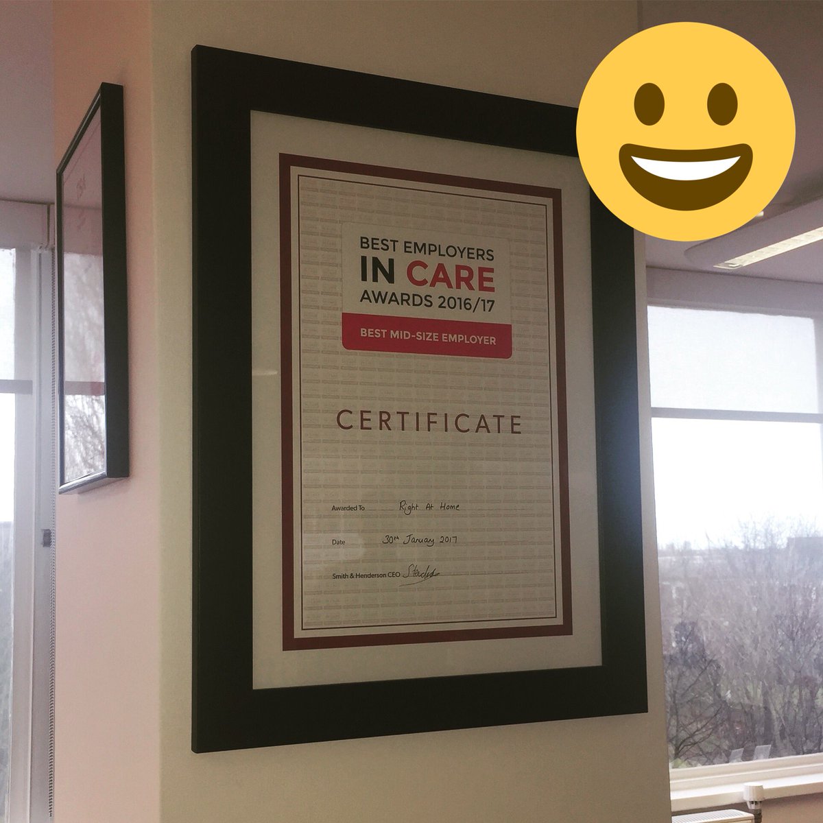RightatHomeUK's tweet image. Our #bestcareemployers certificate is up and taking pride of place in the office! #care #award #homecare @BestCareAwards