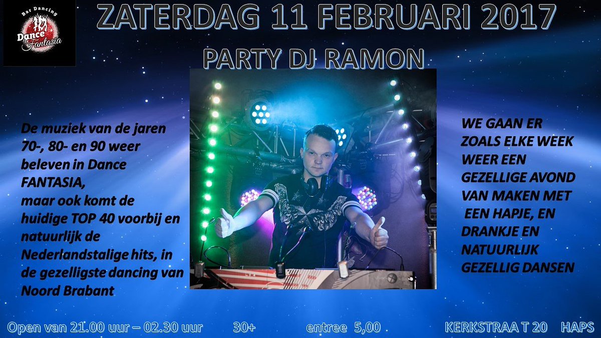 Zaterdag 11 februari 2017 is <a href="/PartyDjRamon/">Ramon van Dijk</a> weer in het altijd gezellige Dance Fantasia.