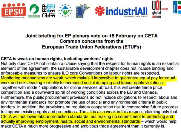 eci_ttip's tweet photo. .@AnnaHedh Trade Unions say "#CETA is weak on human rights, including workers’ rights". Vote against this deal! #CETAthursday https://t.co/QkCT4F9SC0