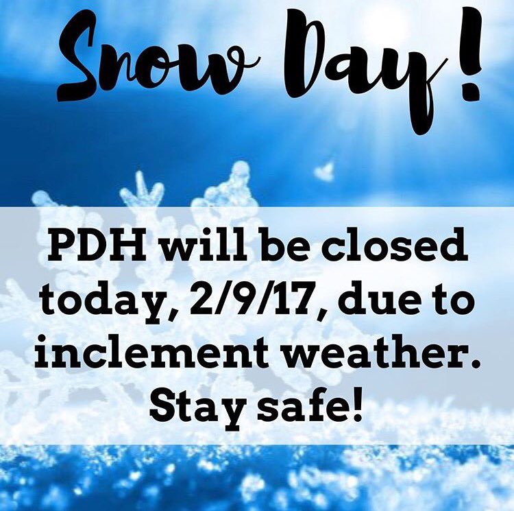 PDHDynamics's tweet image. PDH is closed today 2/9 due to inclement weather. Stay safe!