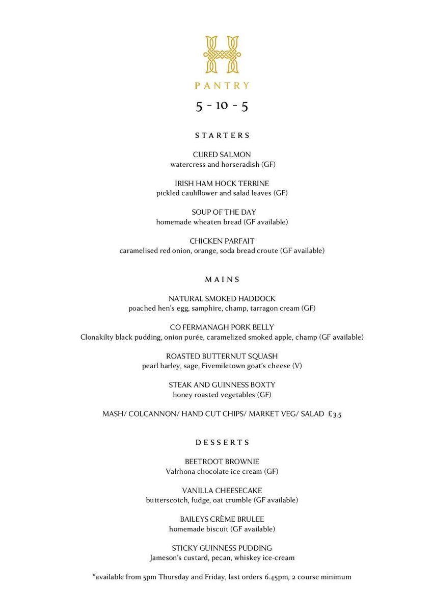 New early bird menu! 5pm to 6.45Pm, Thursday and Friday, to reserve a table call us on 02890 291103 or go online resdiary.com/Restaurant/Hol…