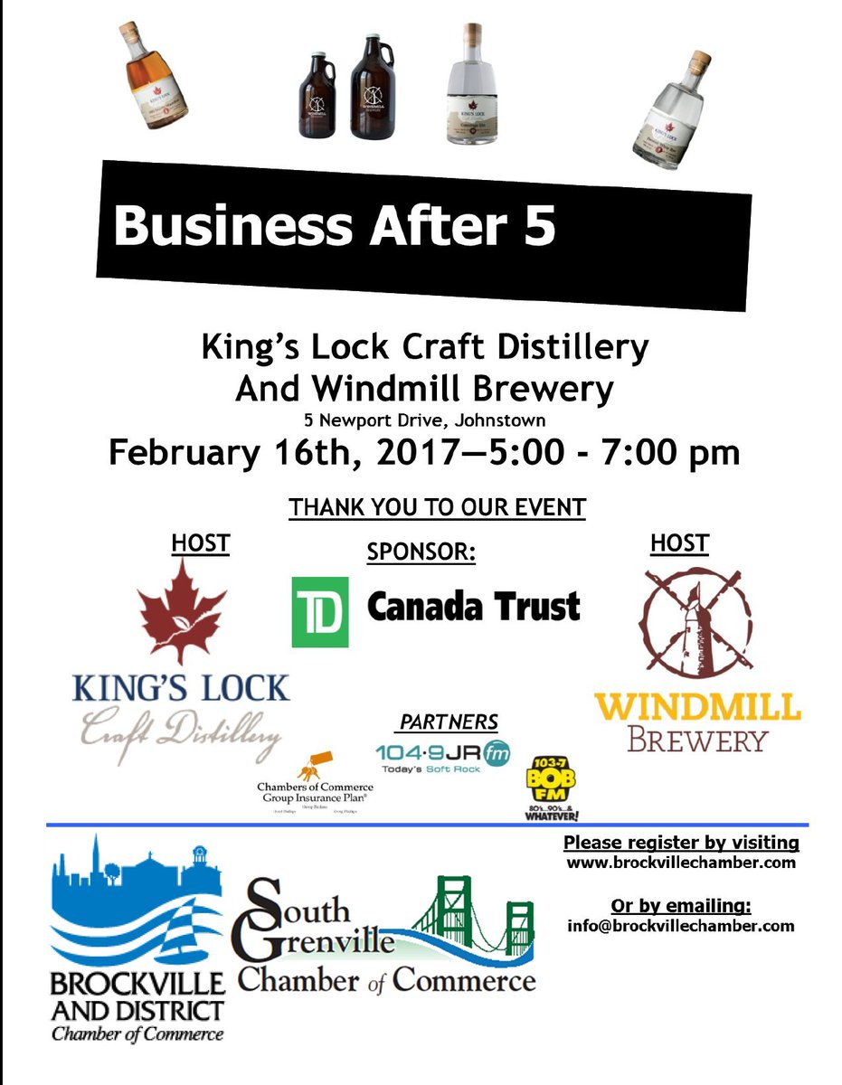 Join us along with our friends @brockvillechamb at our Annual Joint #BusinessAfter5 Kings Lock #distillery & Windmill #brewery in @twpec