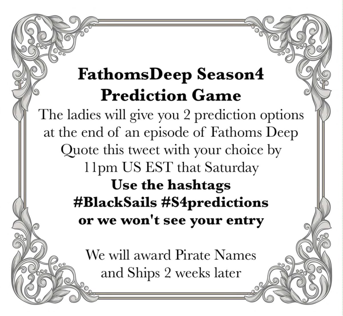 BlackSailsCast's tweet photo. NEW #FathomsDeep WEEKY GAME! This week's question:
Will Eleanor manage to get away to Philadelphia in Ep 4.03?
Follow instructions below: https://t.co/ldqGsCY9mD