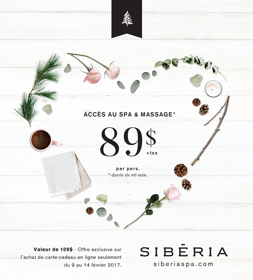 SiberiaSpa's tweet photo. Faire plaisir ou se faire plaisir... Forfait Spa &amp; Massage 60 min à 89$ + txs! Bonne détente! 💙
Achat en ligne : https://t.co/2jIlW2SHeK https://t.co/SrVxBjJnVF