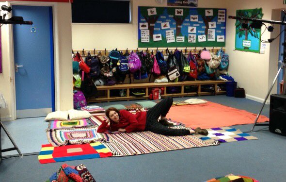 FlatPackProd's tweet photo. Our story weavers are at Hainford Primary today. Time for a nap before the show? @CreativArtsEast https://t.co/slGkdgCGEu