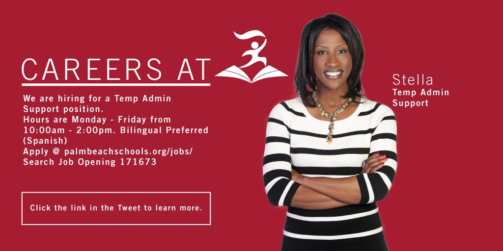 JoinACEPBC's tweet image. #NowHiring! Temp Admin Support, M-F 10:00am - 2:00pm - Bilingual Preferred (Spanish). Apply at palmbeachschools.org/jobs/ Job Opening: 171673
