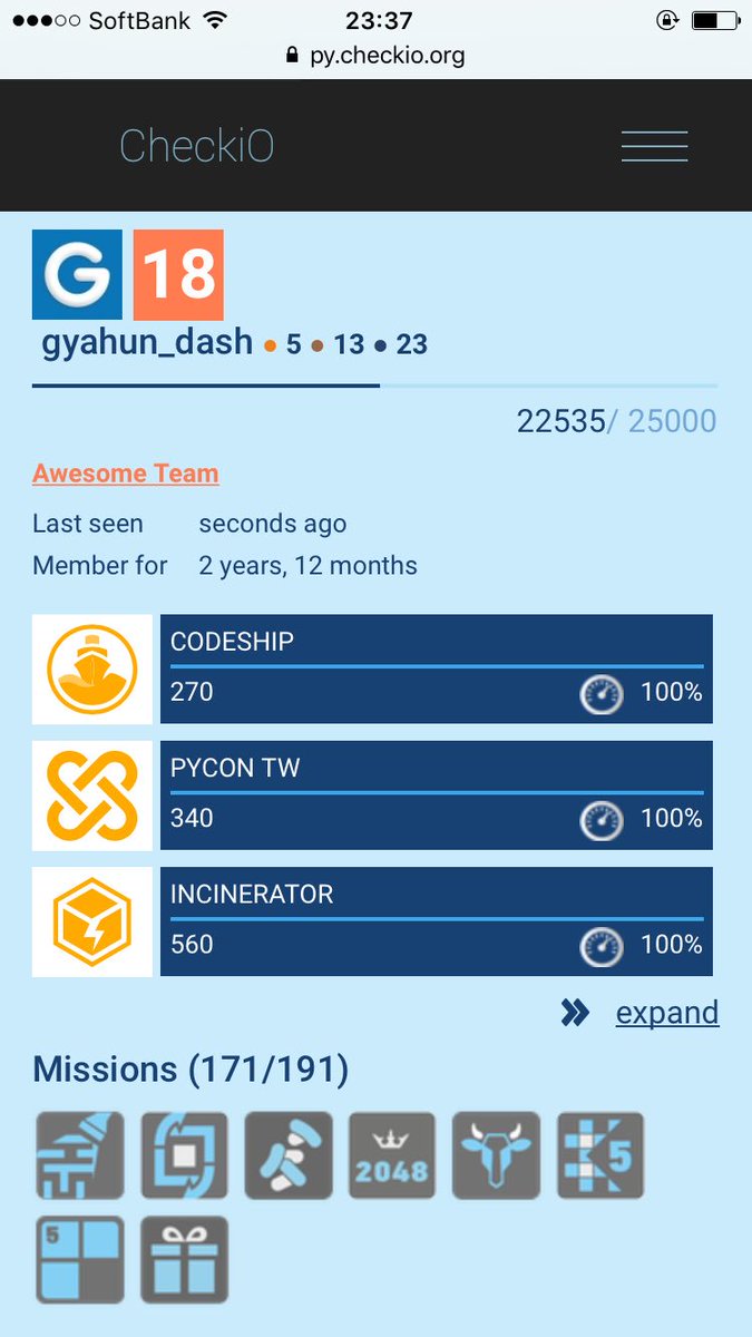 gyahun_dash's tweet image. 2years and ... 12 months? #checkio