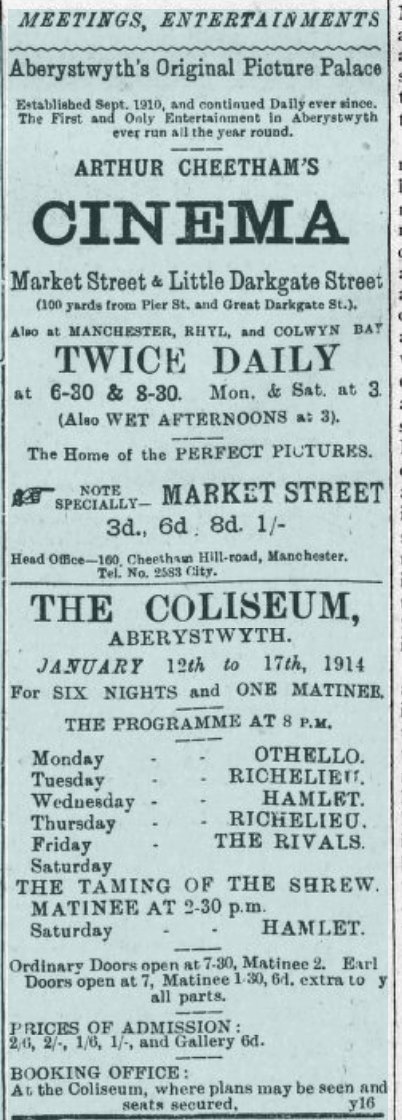 WelshCinemaProj's tweet photo. Cambrian News, Jan 1914. Example of differing marketing and audience strategies of Aber's fledgling cinemas. #Aber #WelshCinemaHistory https://t.co/fThhzHBPHk