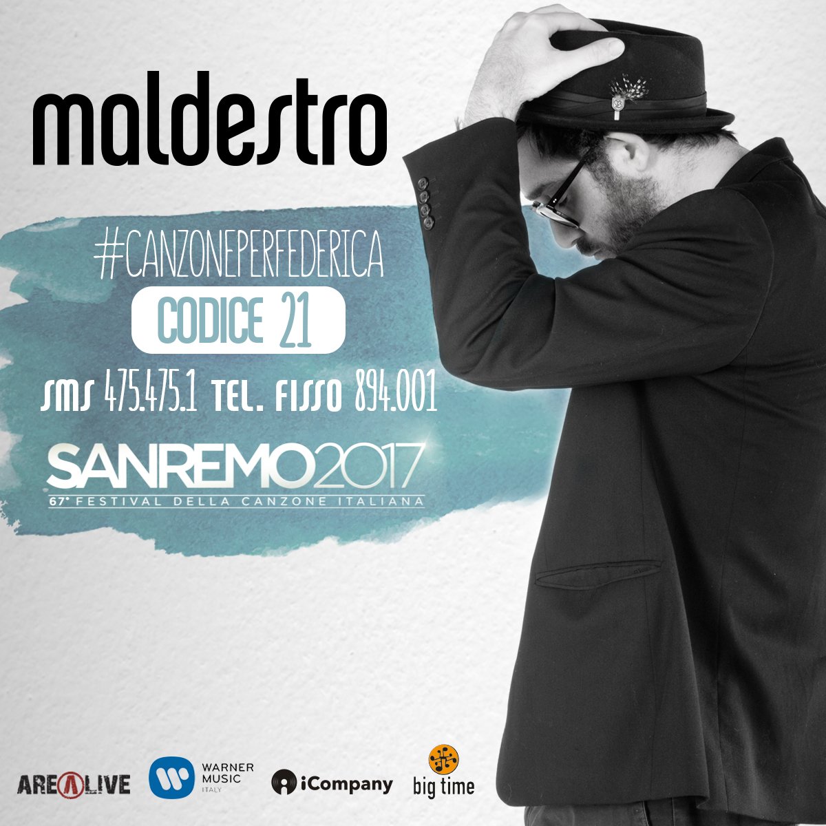 Maldestro_'s tweet photo. TELEVOTO APERTO.
IL CODICE È 21.
INVIA UN SMS AL 475.475.1 O TELEFONA DA FISSO AL 894.001

#maldestro #sanremo2017 #canzoneperfederica https://t.co/eKw4TwabzJ