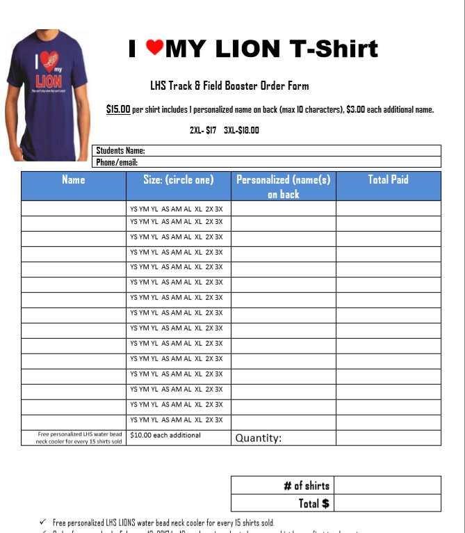 Order Forms are in. Come and get one from @Coachdub_7. Money due Monday at 3:45pm if you want them by Lion Relays @Leander_Lions @LHSROAR