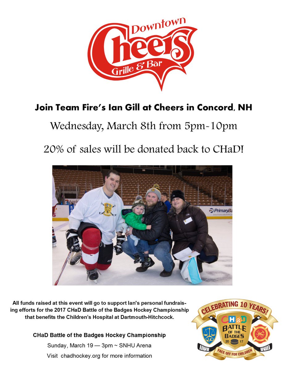 DHChildrens's tweet photo. Head to Cheers in Concord tomorrow night for a Battle of the Badges fundraiser with Team Fire's Ian Gill. 5-10 PM, 20% of sales benefit CHaD https://t.co/uvxAerNlzJ
