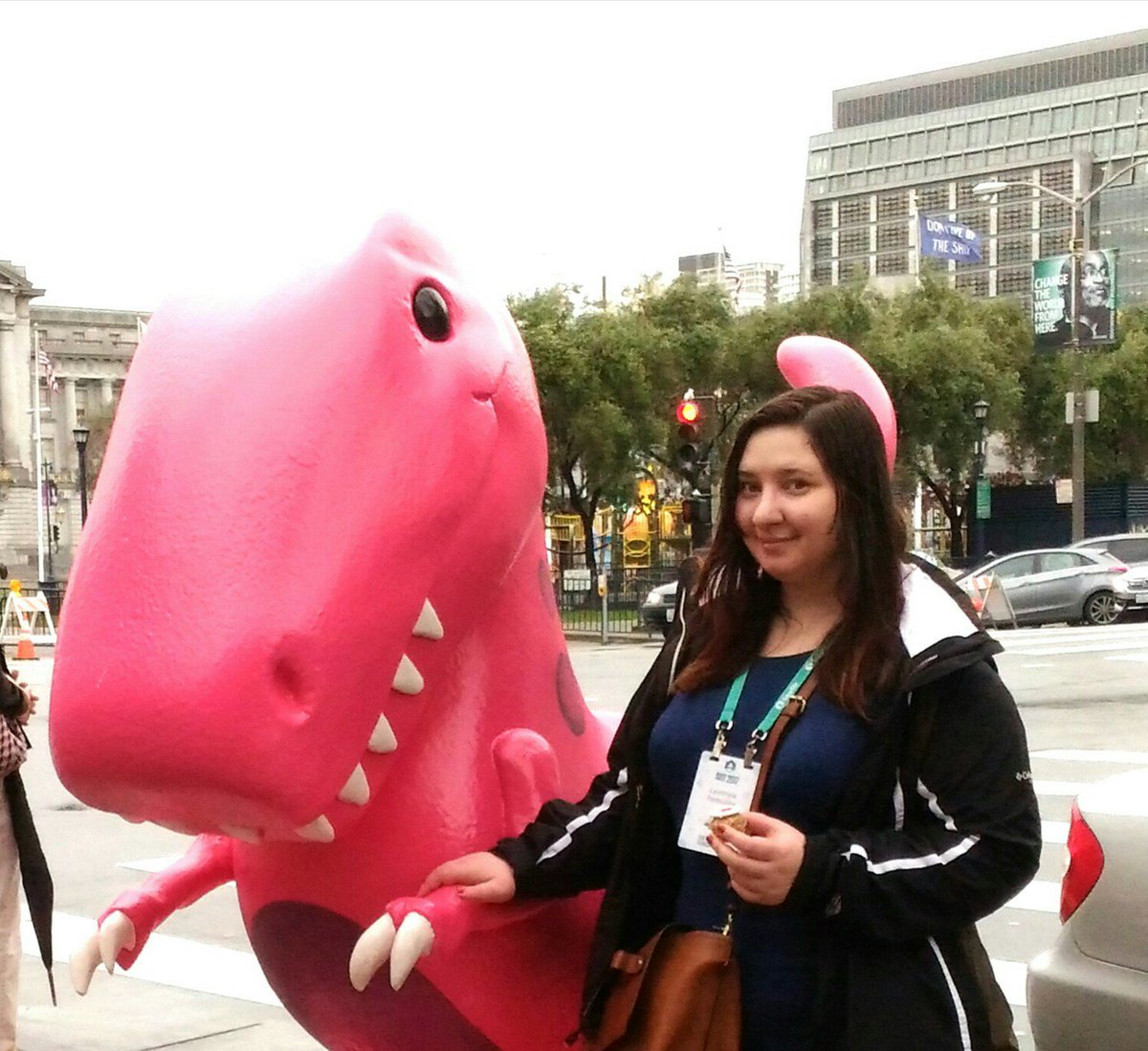 LucyLiterado's tweet photo. You can't help taking a pic with a Giant Pink Dino :) thanks @pendoio #SaaStrAnnual https://t.co/K8theTyXnq
