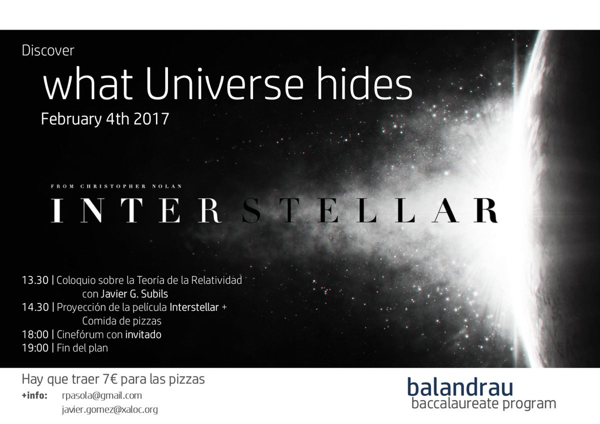 ClubBalandrau's tweet photo. 🔊Este sábado damos el pistoletazo de salida al #BaccalaureateProgram del 2° semestre. Conferencia #Interstellar con @xavo240 y cinefórum! https://t.co/CqBolEw2b3