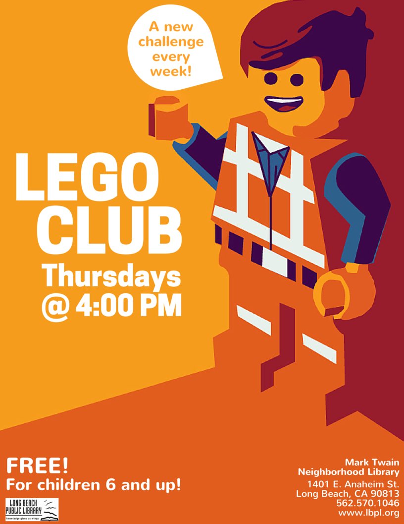 LBCityLibrary's tweet photo. Come on in and challenge yourself at Lego Clubs at #MarkTwainLibrary and the #MichelleObamaNeighborhoodLibrary at 4PM. https://t.co/s1F9ZI4FT8