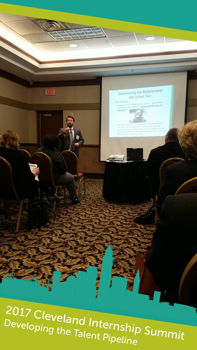 AllisonJHalco's tweet photo. James McWeeney from Walter l Haverfield LLP shares his knowledge of how to classify interns vs employees #clesummit17 #cleintern17 https://t.co/qSDcmOOawX