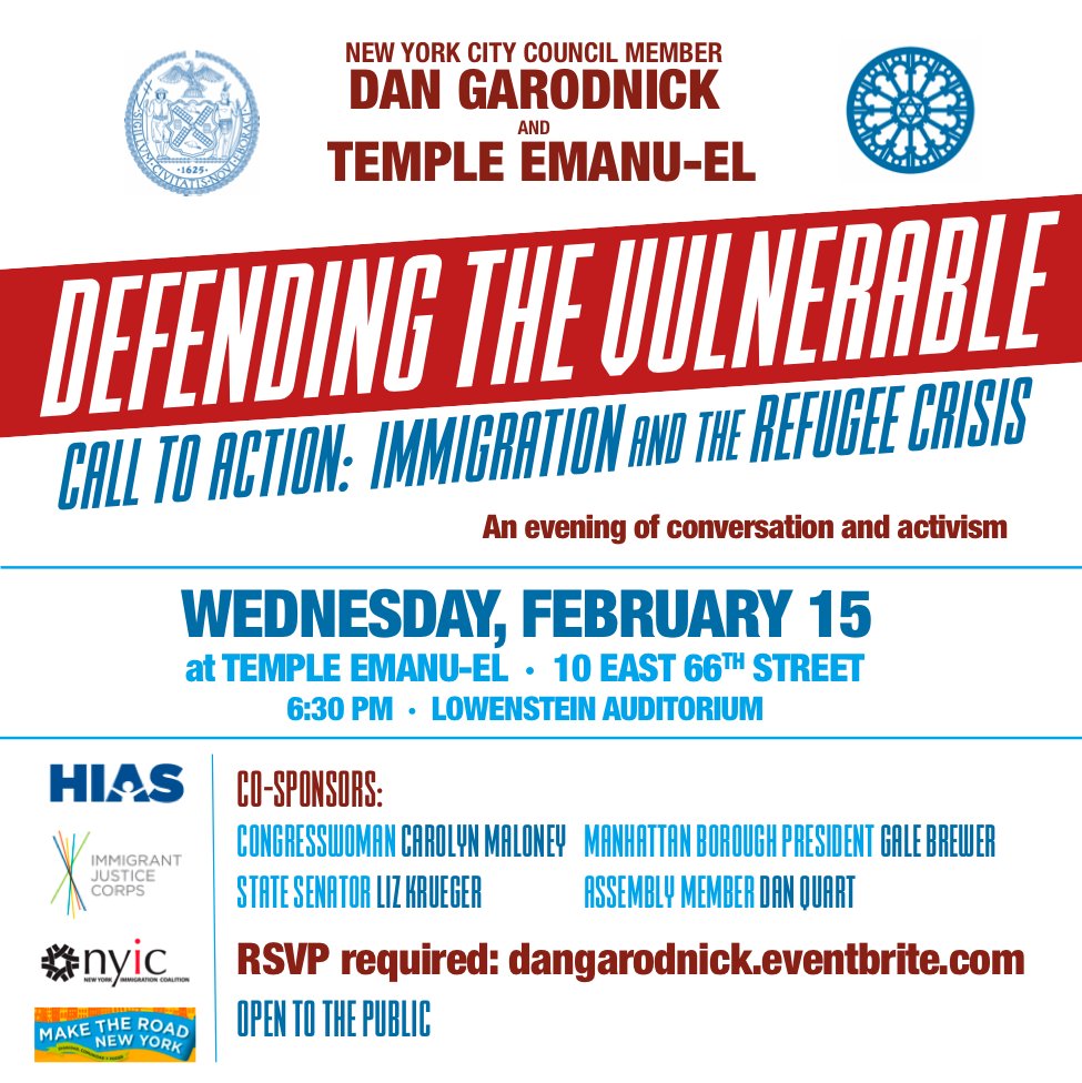 ManhattanCB5's tweet photo. Join @dangarodnick &amp; @EmanuEl_NYC Wednesday, 2/15 for an evening of conversation and activism around immigration and the refugee crisis. https://t.co/x3b6Eb411O