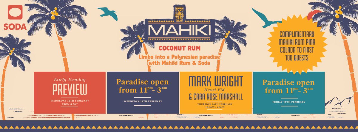SodabarOfficial's tweet photo. Tables &amp; Guest List filling up quickly for our @MahikiRum 
Get in touch today to book your table!
Rachel@thesodabar.com or 02920 398380 https://t.co/K9GJpLiDzv