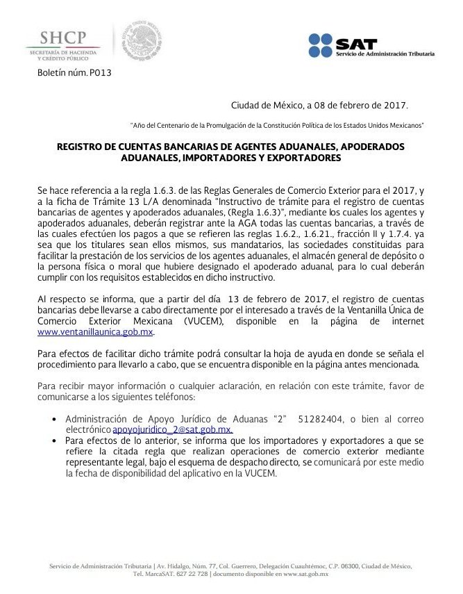 eConnectMx's tweet photo. REGISTRO DE CUENTAS BANCARIAS DE AGENTES ADUANALES, APODERADOS ADUANALES, IMPORTADORES Y EXPORTADORES. #P013 #SAT #eConnect https://t.co/46tspbMdNb