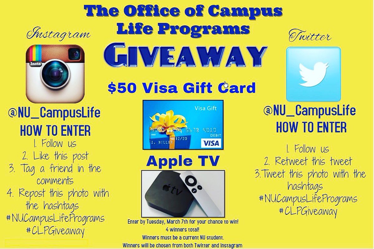 NU_CampusLife's tweet image. Want a chance to win an Apple TV or Visa Gift Card? Enter our giveaway TODAY! #CLPGiveaway #NUCampusLifePrograms