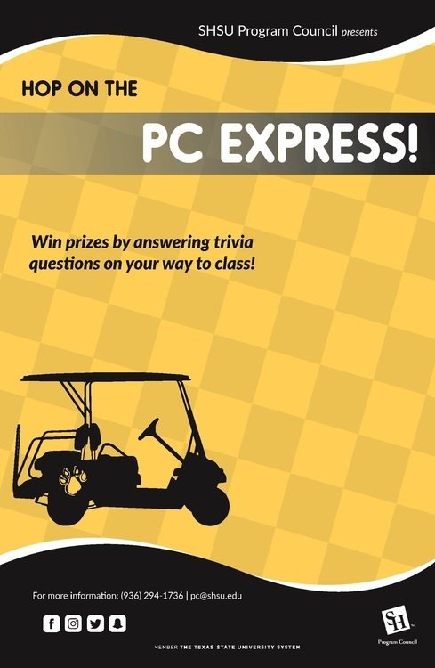 SamHoustonState's tweet photo. Today from 11-12:30 in the mall, students can play games and win free rides to class courtesy of Program Council. https://t.co/FQrEGTtJwO