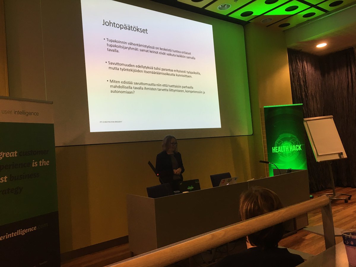 Heleonsaari's tweet image. Sosiologi Anu Katainen muistuttaa, että tupakoinnin taustalla on eri motiiveja. #asiakasymmärrys #healthhack2017