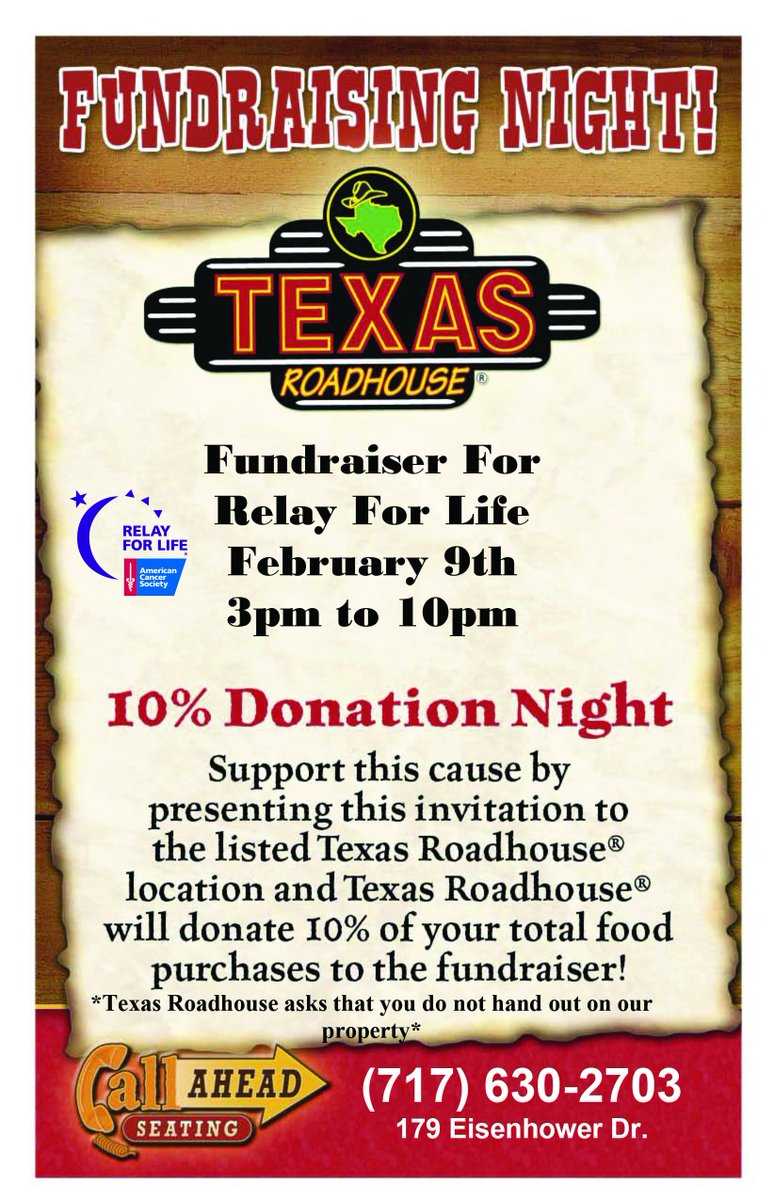 Texas Roadhouse Fundraiser Tonight benefits <a href="/RFLHanover/">RFLHanover</a>. Show your server this flyer.