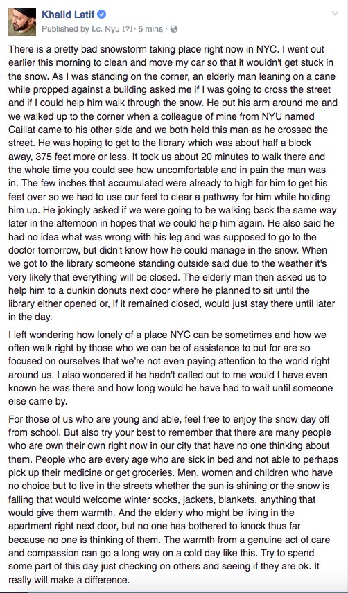 KLatif's tweet photo. The warmth from a genuine act of care and compassion can go a long way on a cold day like this. #SnowDayReflections https://t.co/su94lCTu01