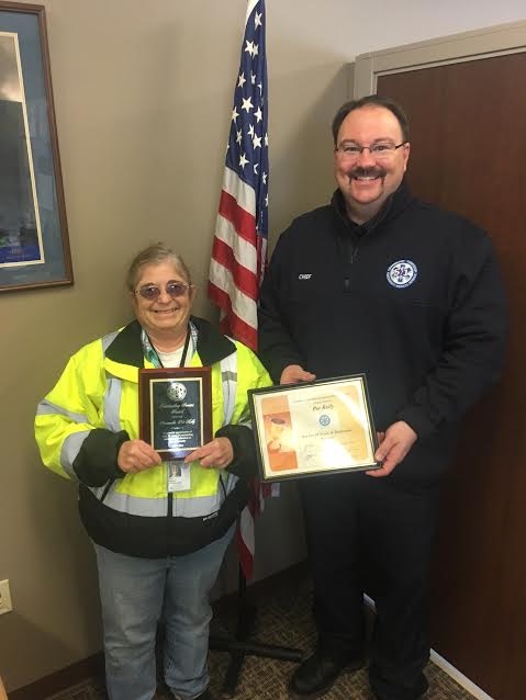 CTEMS51's tweet photo. Chief Kelly presents Paramedic Pat Kelly with her 20th year of service award. Thanks Pat for all your hard work and dedication to CTEMS https://t.co/HpgsVLtudY