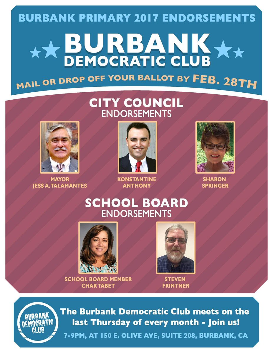 SSpringer2017's tweet photo. I'm honored to be endorsed by the Burbank Democratic Club! Thank you. https://t.co/9rjFgHcq2E