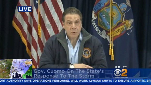 CBSNewYork's tweet photo. LIVE NOW: @NYGovCuomo update on storm response. Watch live: https://t.co/XVA2VnxFii #SnowStorm #CBS2StormWatch #Breaking https://t.co/k0BUhAObrs