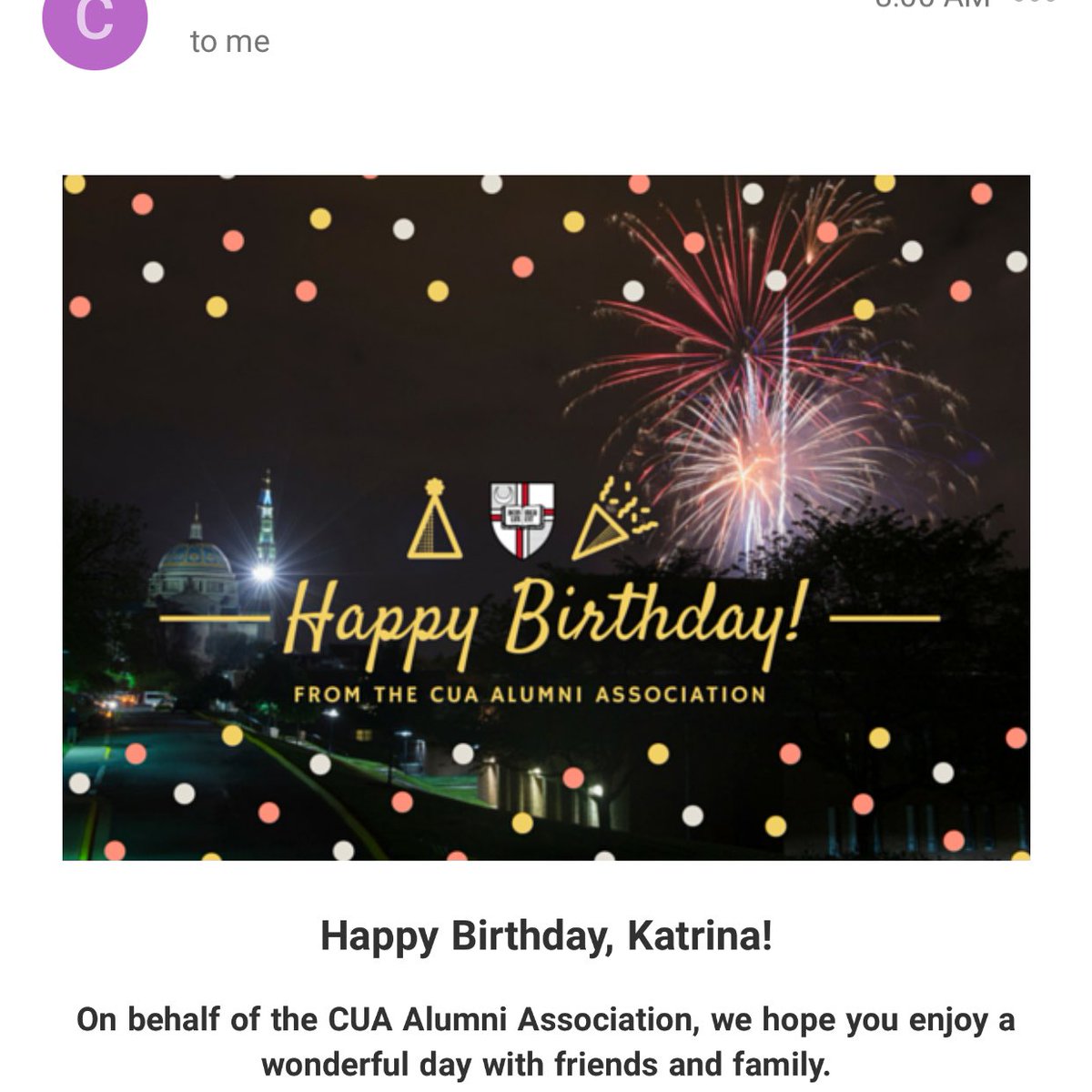 KatrinaMarie8's tweet photo. Thanks for the #HappyBirthdayCardinal love, @CUAalumni! Can't wait for fall! #CardWknd17/our #CUA2012 5 year reunion will be an epic time! π https://t.co/l4M0G1IqpF