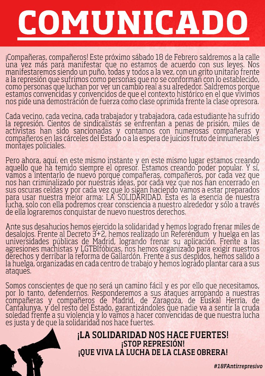 Libertad_Isma's tweet photo. El #18F nos vemos en las calles compañerxs ¡Que viva la solidaridad y la lucha de la clase obrera! #18FAntirrepresivo https://t.co/kEevwFgfrz
