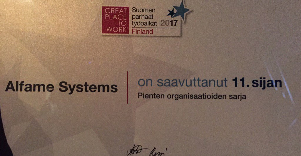 TirkkonenJ's tweet photo. Kiitos @AlfameSystems!! #GPTWgaala https://t.co/hGSqNuH8hO