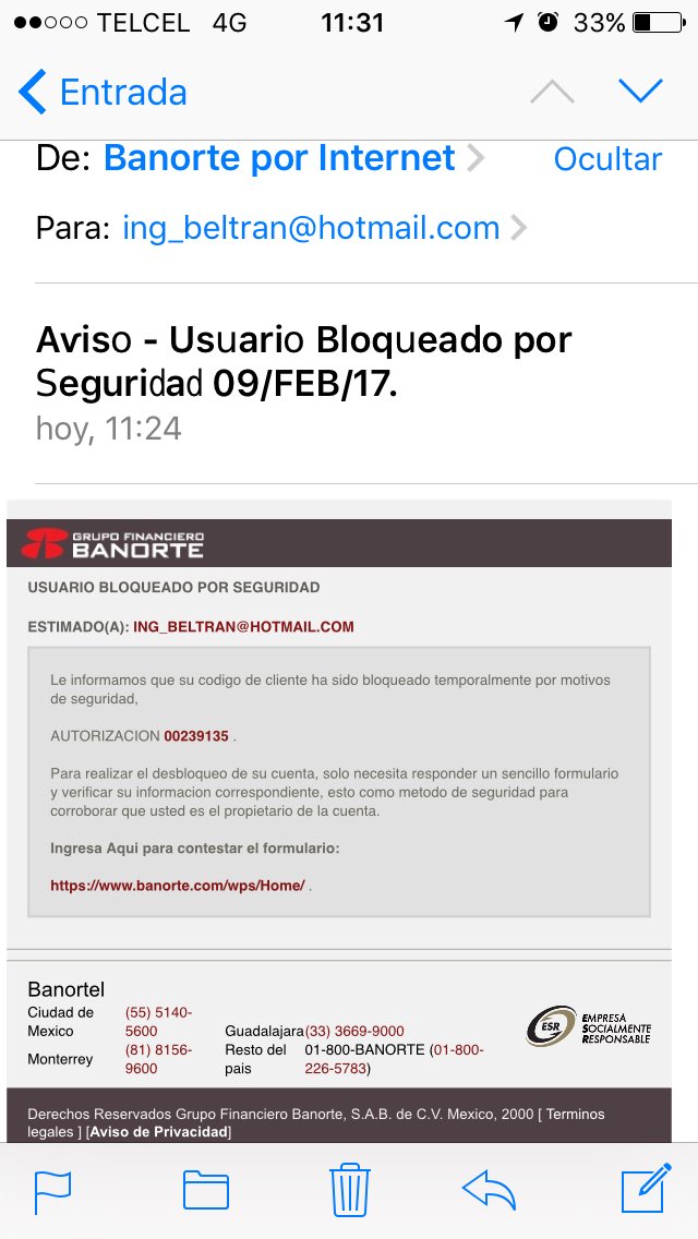 gbelt7's tweet photo. Acabo de recibir este mensaje en mi correo @Banorte_mx @BanorteEscucha parece Phishing (Fraude) para que Alerten o tomen acciones. Gracias. https://t.co/hg0jGTZeqm