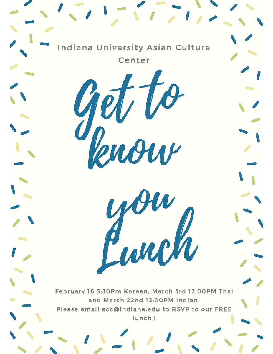 IU Freshmen! Join us for a free meal and a chance to meet other freshmen:
2/16, 5:30 pm; 3/3, 12 pm; 3/22, 12 pm. Rsvp at acc@indiana.edu!