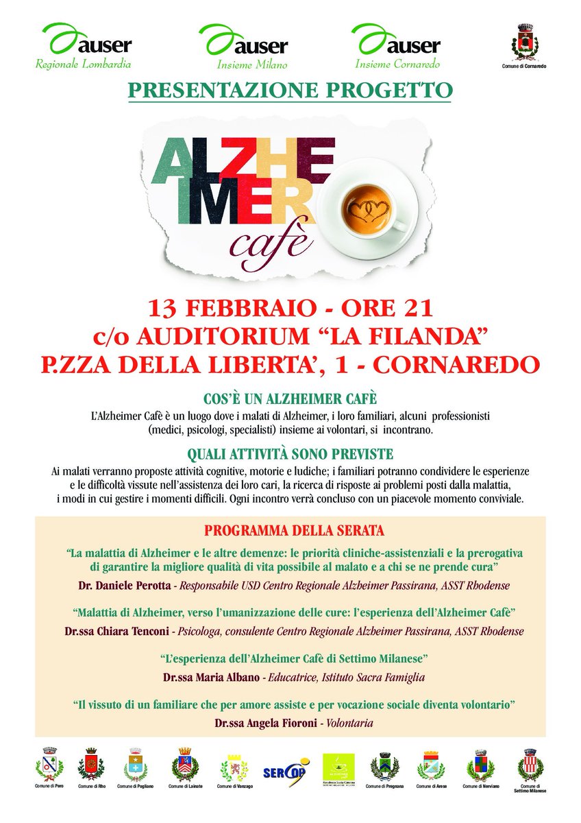 AuserMi's tweet photo. Auser Cornaredo con il Comune, il 13/2 alle 21 presso la Filanda, presentano "Alzheimer Cafè" : #Alzheimer #Cornaredo #Milano #Auser #Comune https://t.co/zTCforsCBX