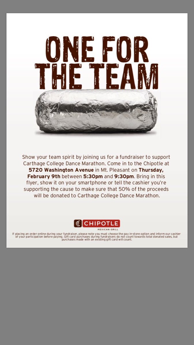 CaseyKorb's tweet photo. Chipotle tonight! Come support Dance Marathon from 5:30-9:30 tonight!! https://t.co/08hUBBv7xo