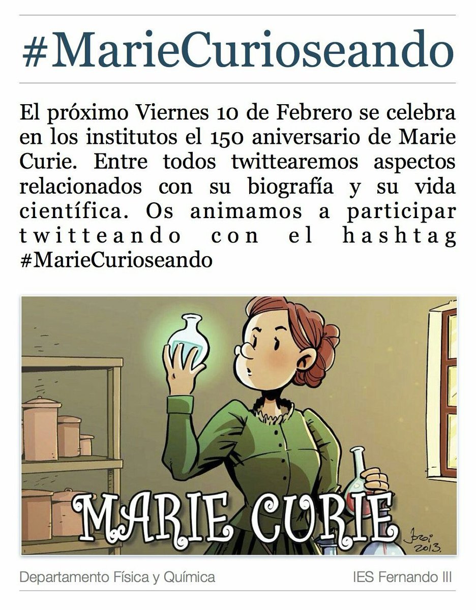 biologueando's tweet photo. Mañana, en el #150aniversario del nacimiento de #MarieCurie  #DíaMujeryCiencia tuitearemos con #MarieCurioseando
@11defebreroES https://t.co/swBahX3khp