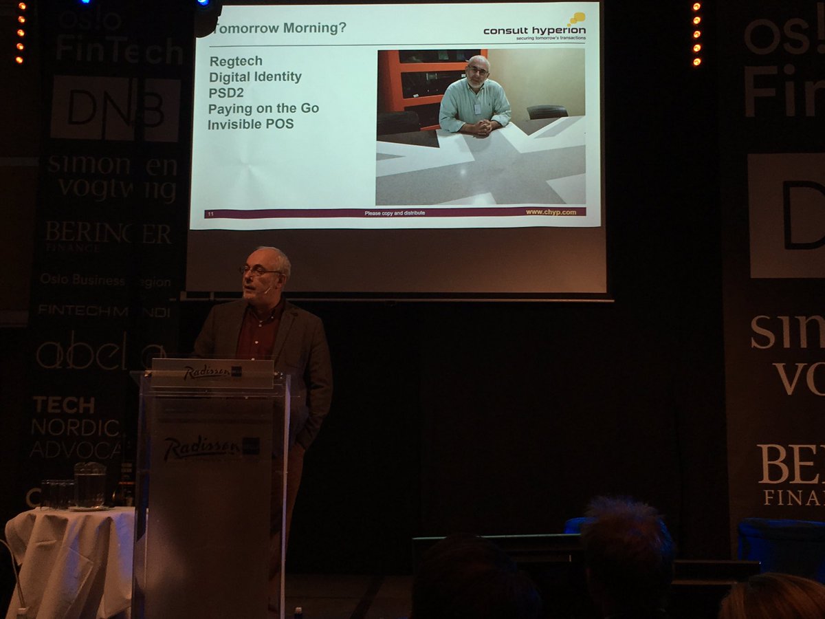 OttoSoderlund's tweet photo. David Birch: "If you are a bank and don't have a PSD2 strategy in place yet, you are too late" #OsloFinTech @MagentaAdvisory @BearingPoint https://t.co/YTNppgjuj4