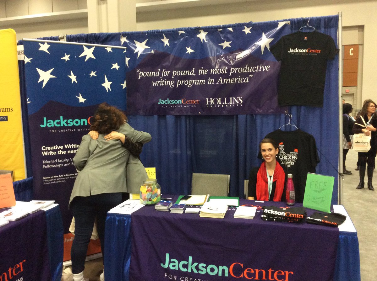 RoanokeReview's tweet photo. #CreativeWritingRC grad & former RR editor @aerey1994 looking all #HellYez at the @HollinsU Jackson Center booth. Meanwhile, people hug. https://t.co/raXtAqHN8I