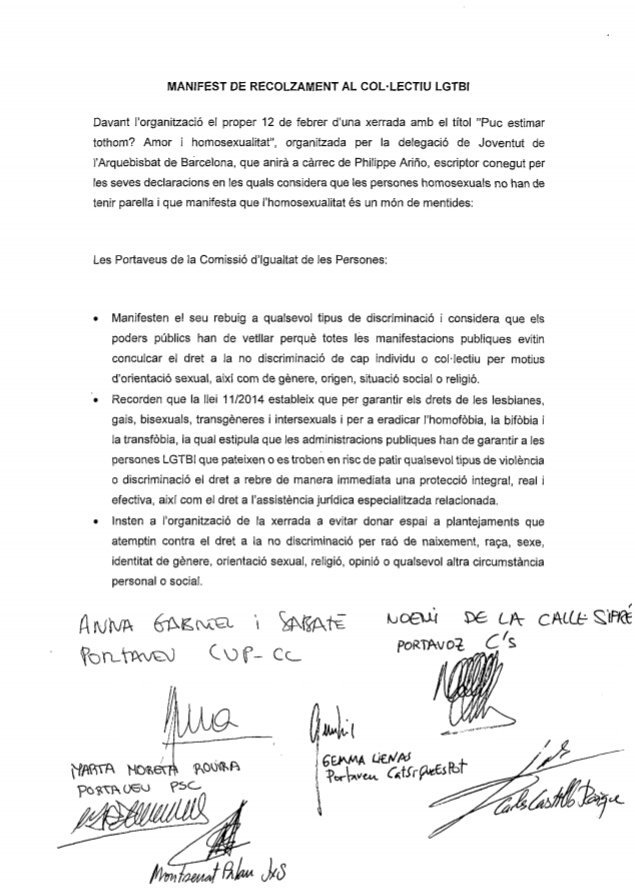 socialistesLGTB's tweet photo. Aquest és el manifest que 89 diputats/diputades del #Parlament han signat i q s'enviarà a l'arquebisbat de BCN.Gràcies @martamoreta! #LGTBI https://t.co/cVW4rUMwo2